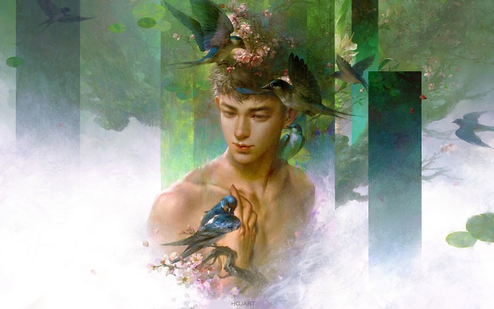 Fantasy man with birds and flowers
