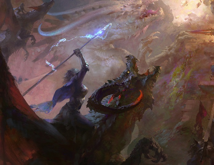 Woman warrior fighting dragons with magic spear