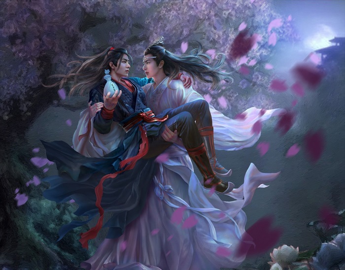 Wei Wuxian and Lan Wangji Embrace in Mystical Night