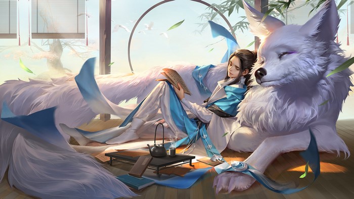 Fantasy Man with White Fox Reading Book