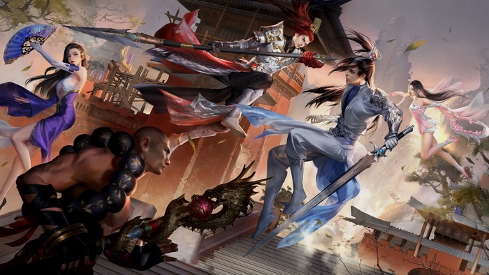 Fantasy warriors in combat with traditional Chinese architecture