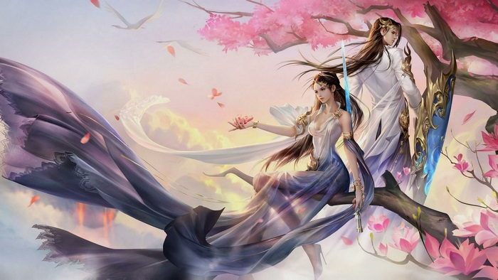 Fantasy warriors in a cherry blossom tree
