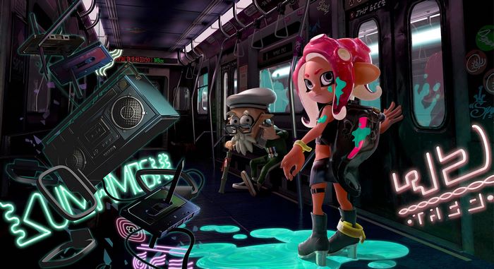 Octoling and old man on a subway train in Splatoon 2: Octo Expansion