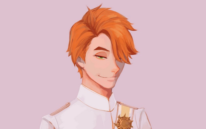 Humanized man with orange hair and green eyes