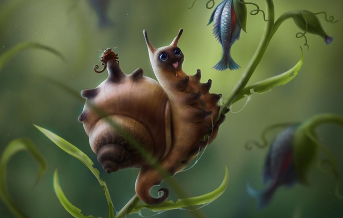 Fantasy creature snail with fish on plant