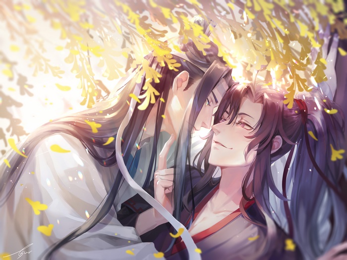 Lan Wangji and Wei Wuxian under yellow leaves