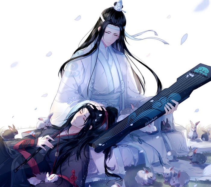 Lan Wangji and Wei Wuxian with rabbits