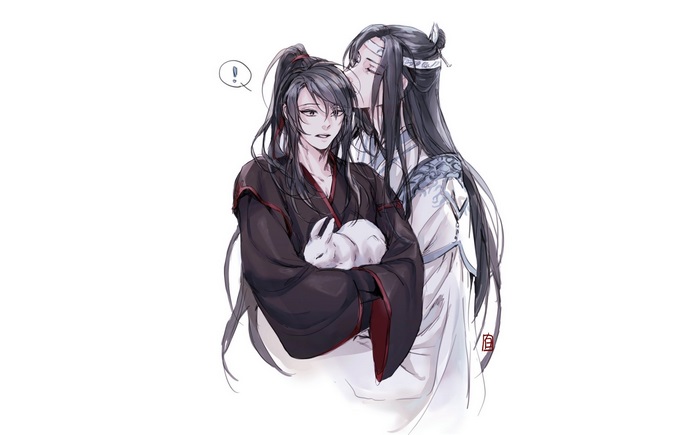 Lan Zhan and Wei Ying from Mo Dao Zu Shi with a rabbit