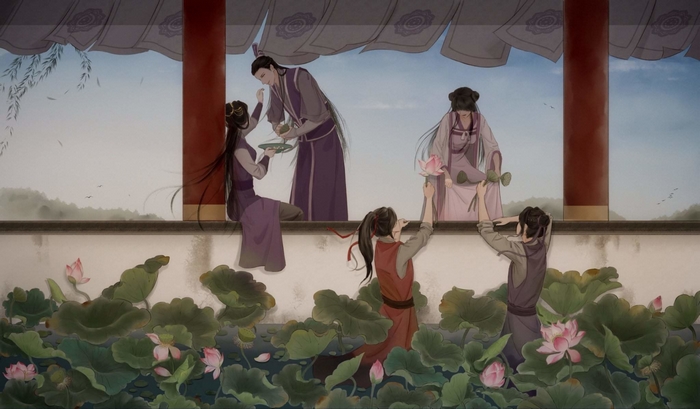 Characters from The Untamed in a lotus pond