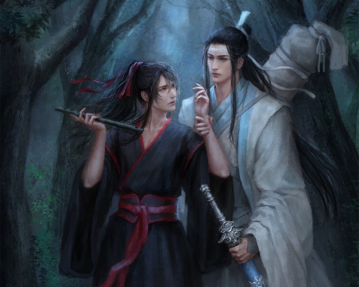 Wei Wuxian and Lan Wangji from Mo Dao Zu Shi in a forest
