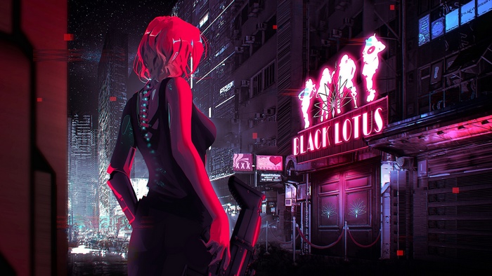 Sci-Fi Cyborg Woman in Neon City