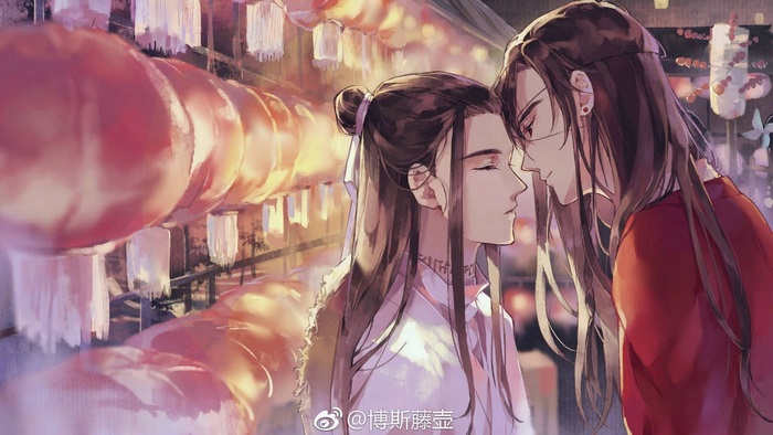 Xie Lian and Hua Cheng in front of lanterns