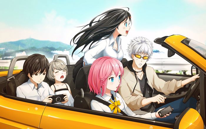 Characters from Closers in a convertible car