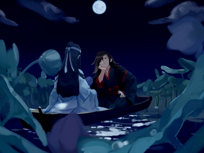 Wei Ying and Lan Wangji in a boat at night