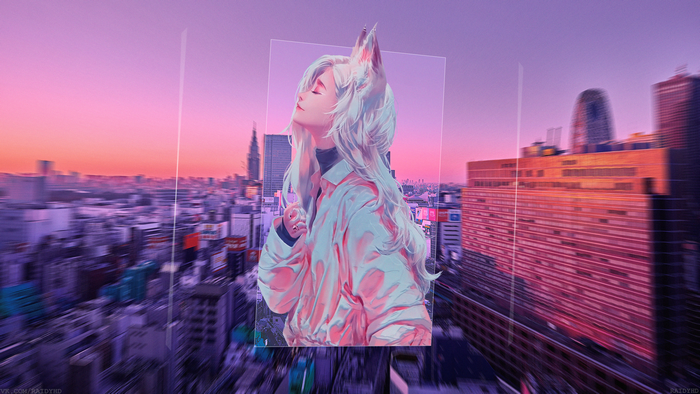 Anime girl with white hair in a city at sunset