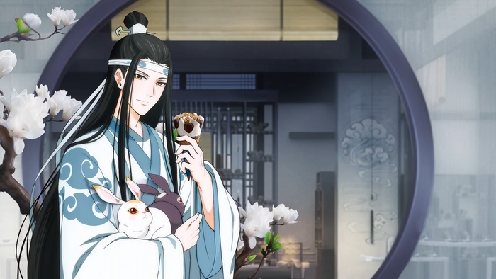 Lan Wangji from The Untamed holding ice cream and rabbits