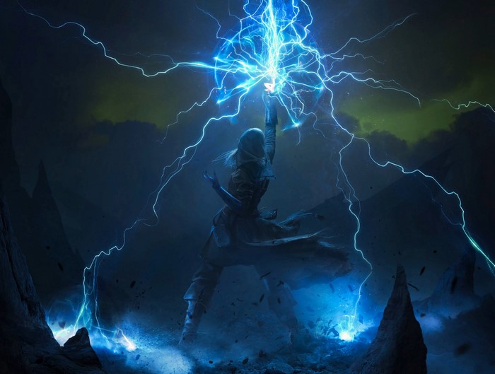 Person summoning lightning in a stormy landscape