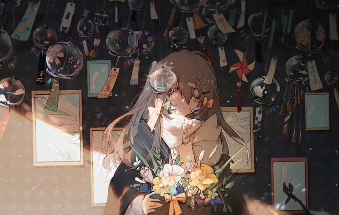 Girl with brown hair holding flowers