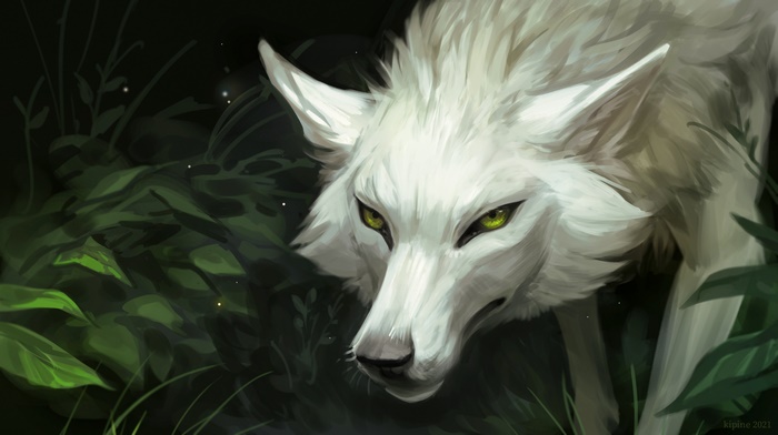 Fantasy White Wolf in Dark Forest