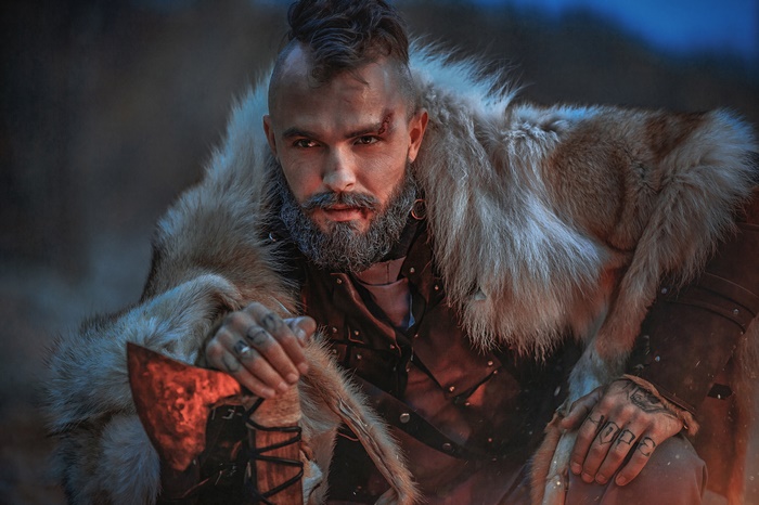 Viking man with axe and fur