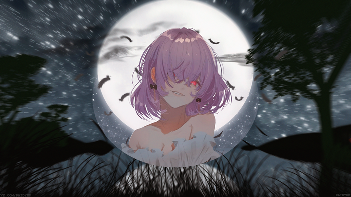 Anime Girl with Red Eyes and Purple Hair in Front of Moon