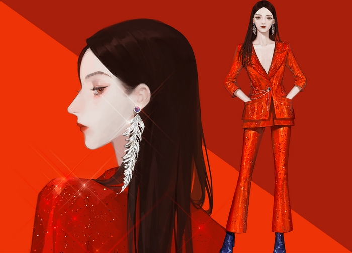 Girl with Black Hair in Red Suit