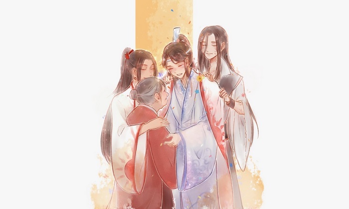 Wen Qing, Wen Ning, Lan Sizhui, and an elder