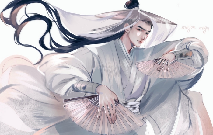 Anime boy with fans and flowing robes