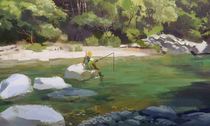 Link fishing in a river from The Legend of Zelda: Breath of the Wild