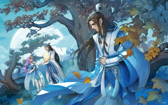 Three figures in traditional Chinese attire under a large tree with a full moon.
