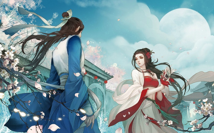 Couple in traditional Chinese attire under a full moon