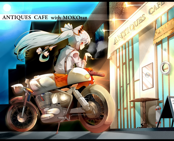 Fujiwara no Mokou from Touhou on a motorcycle at an antique cafe