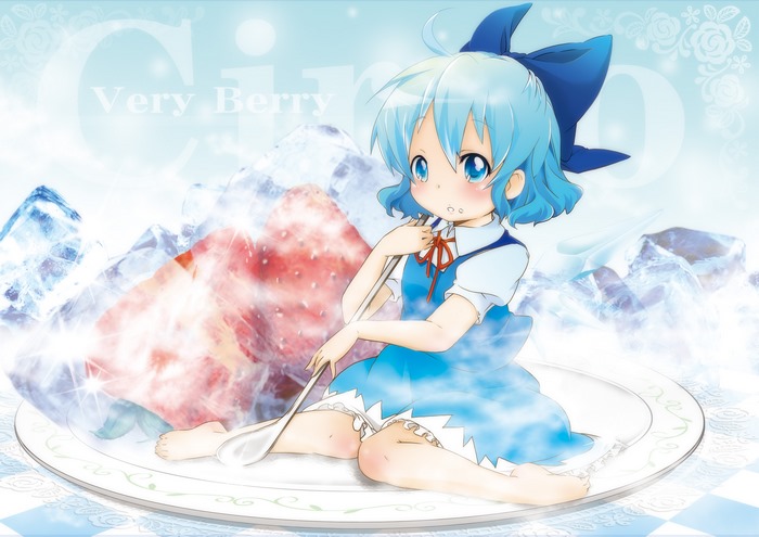 Cirno from Touhou eating a strawberry with ice