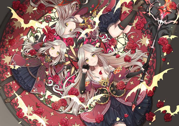 Three girls with silver hair and yellow eyes in red dresses