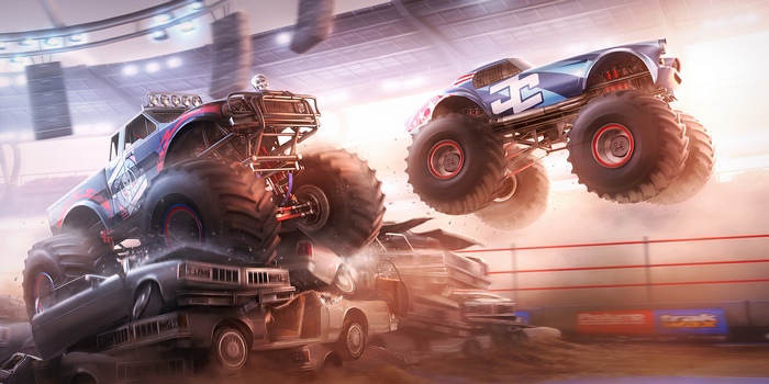 Monster trucks jumping over crushed cars in an arena