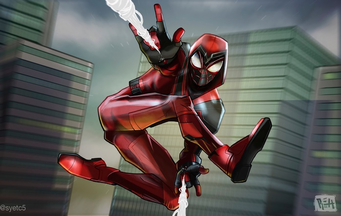 Spider-Man swinging through a city