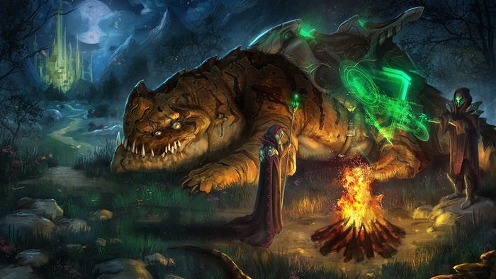 Wizard and magical creature by bonfire near castle