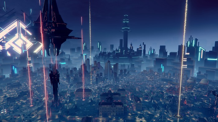 Futuristic Cityscape with Towers and Beams 4K
