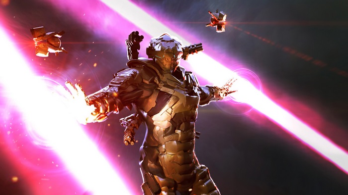 Anthem character firing energy weapons with drones