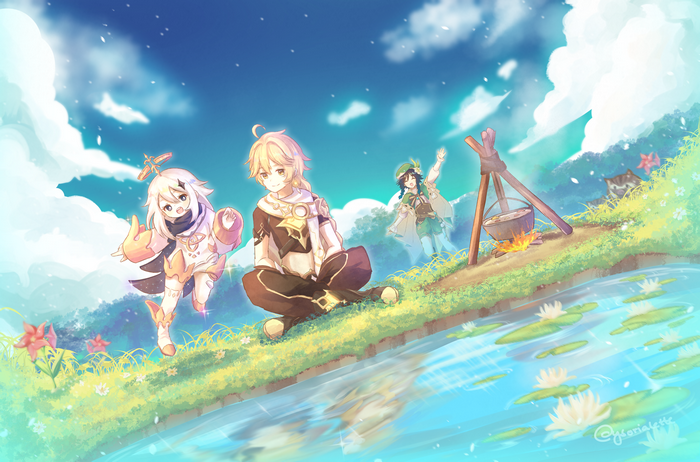 Aether, Paimon, and Venti from Genshin Impact camping by a lake