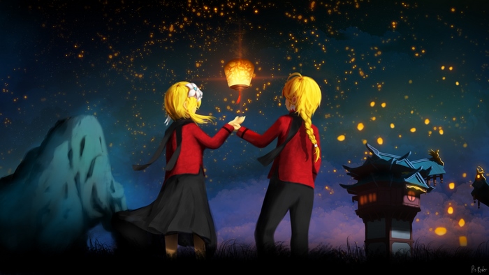 Aether and Lumine from Genshin Impact releasing lanterns