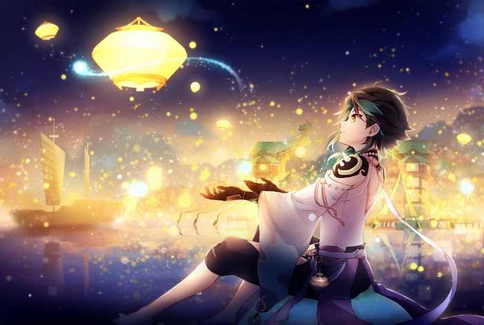 Xiao from Genshin Impact releasing lanterns