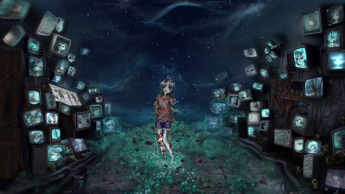 Zombie girl surrounded by screens in a starry night