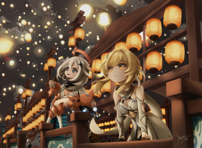 Lumine and Paimon from Genshin Impact at a lantern festival