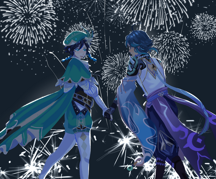 Venti and Xiao from Genshin Impact with Fireworks