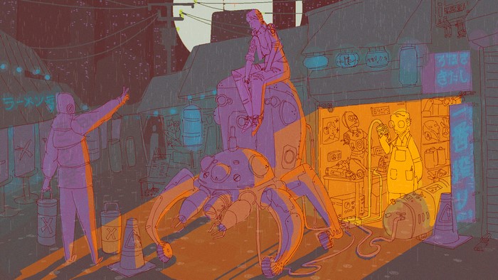 Tachikoma robot in a rainy cyberpunk city