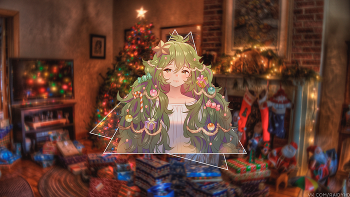 Anime girl dressed as a Christmas tree with decorations
