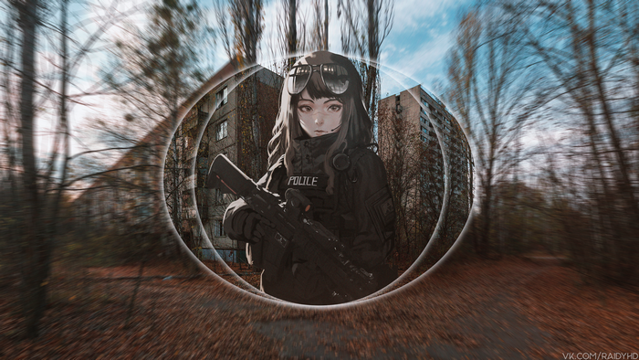 Anime girl in police uniform with a gun