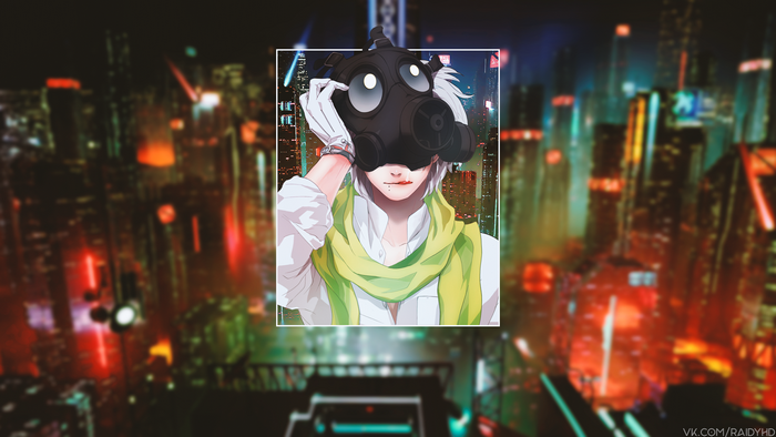 Anime character with gas mask in city 4K