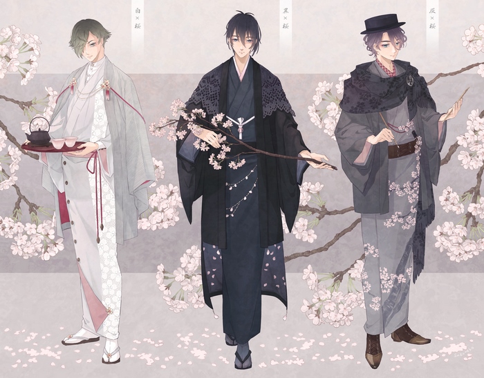 Three men in traditional Japanese clothing with cherry blossoms